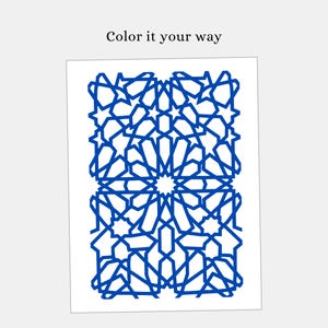 May include: A white paper featuring a blue geometric pattern. The design includes interlocking shapes and stars, with the text "Color it your way" at the top. Ideal for colouring or craft projects.