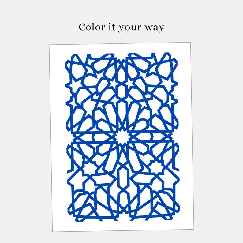 May include: A white paper featuring a blue geometric pattern. The design includes interlocking shapes and stars, with the text "Color it your way" at the top. Ideal for colouring or craft projects.