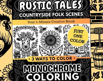 Cottagecore Monochrome Coloring Book, Rustic Tales Folk, One Color Stress Relief Printable Pages PDF PNG (50 Designs)