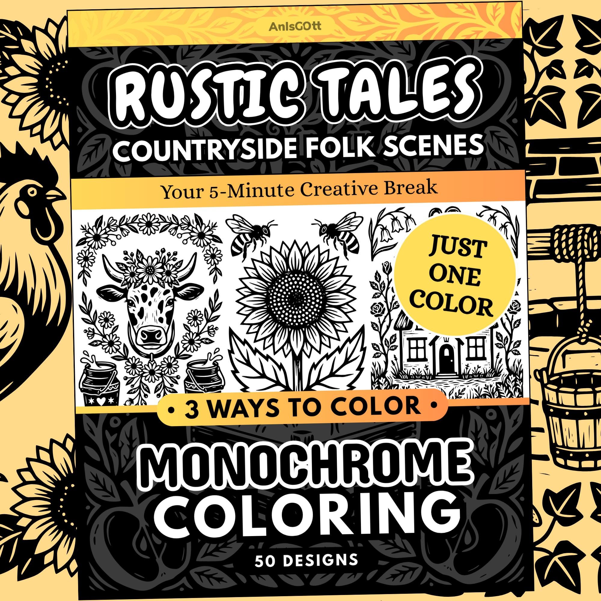 Cottagecore Monochrome Coloring Book, Rustic Tales Folk, One Color Stress Relief Printable Pages PDF PNG (50 Designs)