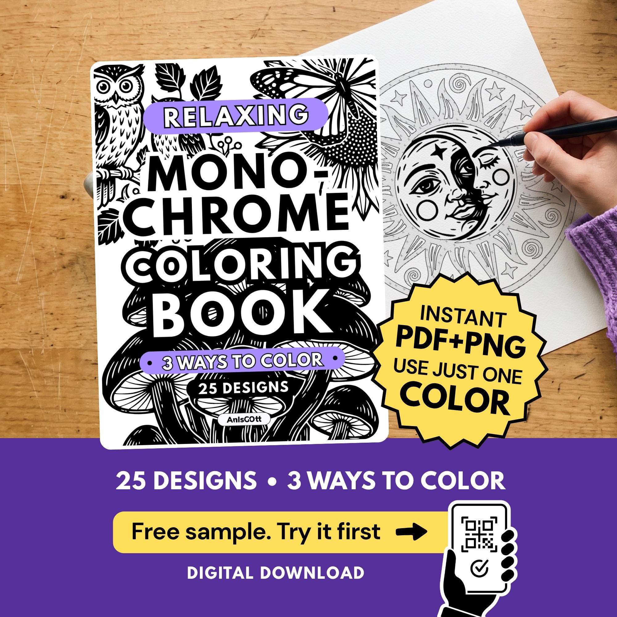 Relaxing Monochrome Coloring Book, One Color Stress Relief Printable Pages PDF PNG (25 Designs)