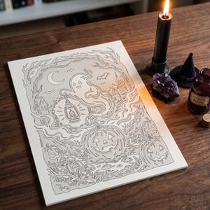 May include: A rectangular coloring page featuring a line art illustration of a ghost holding a lantern above a jack-o'-lantern, surrounded by mushrooms, trees, bats, a crescent moon, and a house. The drawing is printed on white paper.