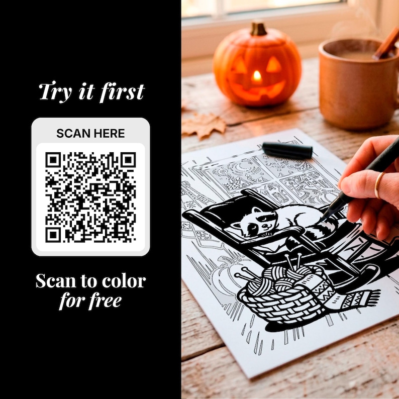 May include: A black and white coloring page featuring a raccoon sitting in a rocking chair next to a basket of yarn. The text reads Try it first, SCAN HERE, and Scan to color for free, accompanied by a QR code on a black background.