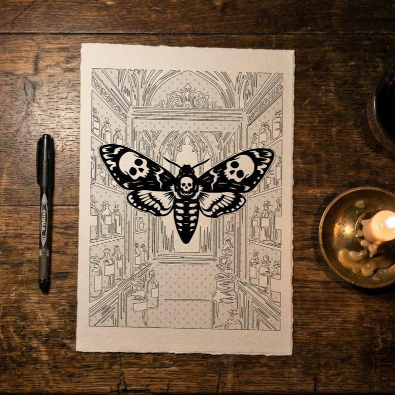 May include: A black and white ink illustration on textured paper featuring a large death's-head hawkmoth with skull markings on its wings. The moth is centered in front of a detailed background depicting shelves filled with various glass apothecary bottles.