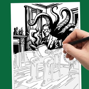 May include: A black and white line art illustration depicting a person in a suit and glasses sitting in a chair reading a book. Large tentacles emerge from behind the person and from the pages of the book within a room featuring a fireplace.