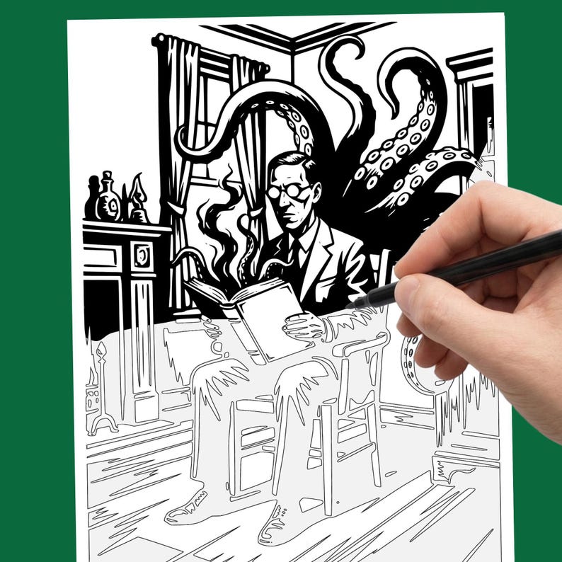 May include: A black and white line art illustration depicting a person in a suit and glasses sitting in a chair reading a book. Large tentacles emerge from behind the person and from the pages of the book within a room featuring a fireplace.