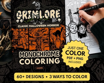 GRIMLORE Halloween Monochrome Coloring Book, Classic Horror, Gothic Adult Coloring Pages, One Color Printable PDF PNG (60+ Designs)