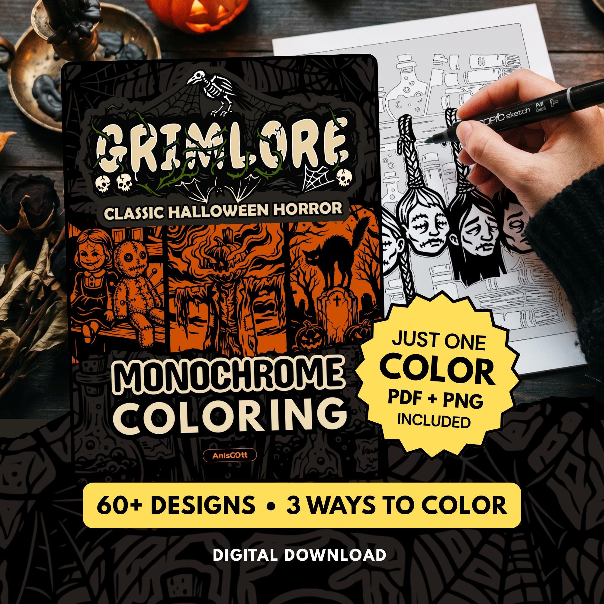 GRIMLORE Halloween Monochrome Coloring Book, Classic Horror, Gothic Adult Coloring Pages, One Color Printable PDF PNG (60+ Designs)