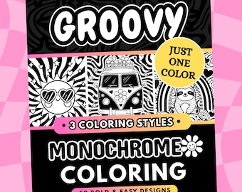 Groovy Retro Monokrom Målarbok, Trippy 70-90-tal, Djärva Enkla Enfärgade Stressavlastningssidor Att Skriva Ut PDF PNG (50 Designs)