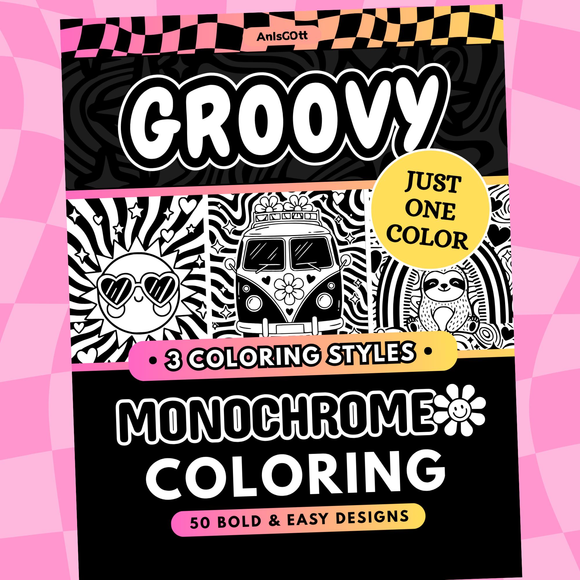 Groovy Retro Monochrome Coloring Book, Trippy 70s 90s, Bold Easy One Color Stress Relief Printable Pages PDF PNG (50 Designs)