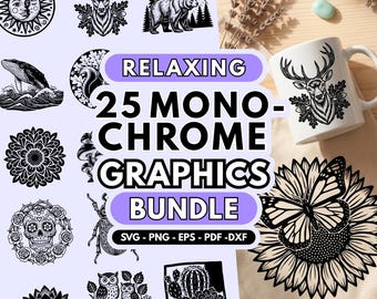 May include: A digital collection of 25 monochrome graphics featuring nature-inspired illustrations like a sun and moon, a deer, a bear, a whale, a mandala, a skull, an owl, and a butterfly on a sunflower, presented as an SVG, PNG, EPS, PDF, and DXF bundle.