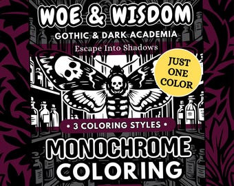 Libro da colorare Dark Academia Gothic Monochrome, pagine stampabili antistress a un colore in formato PDF e PNG (50 disegni)
