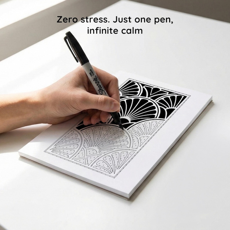 May include: A black Sharpie pen is used to colour a black and white geometric design on a white notepad. The text "Zero stress. Just one pen, infinite calm" is visible. The image suggests a relaxing activity.