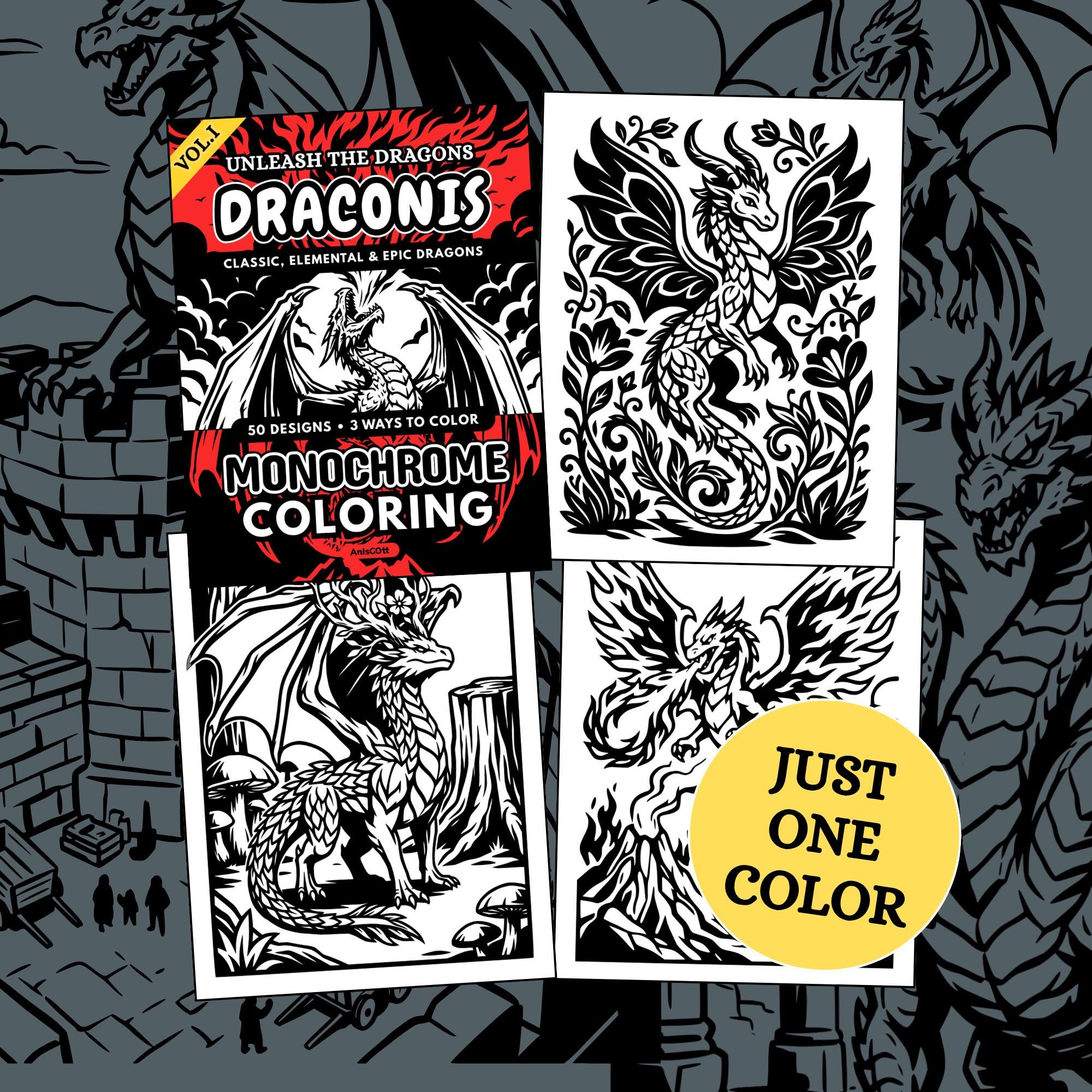 DRACONIS Monochrome Coloring Book, Epic Dragons, Elemental Creatures, One Color PDF PNG (50 Designs)