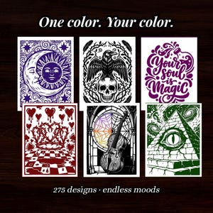 May include: Six rectangular art prints featuring graphic illustrations in purple, black, red, and green. Designs include a sun and moon, a raven on a skull, text reading 'Your soul is magic', a crown of thorns, a violin, and an eye on a pyramid.