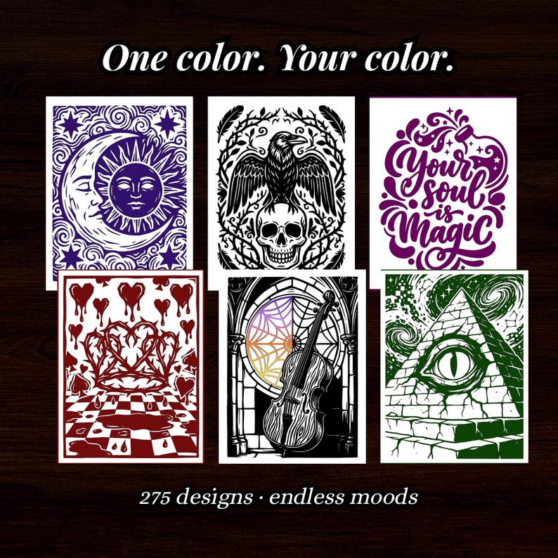 May include: Six rectangular art prints featuring graphic illustrations in purple, black, red, and green. Designs include a sun and moon, a raven on a skull, text reading 'Your soul is magic', a crown of thorns, a violin, and an eye on a pyramid.