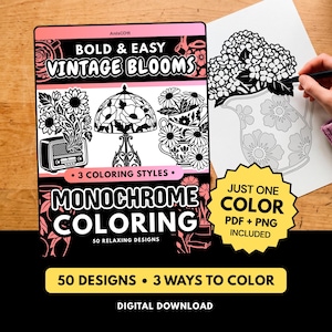 Vintage Blooms Monochrome Coloring Book, Bold Easy One Color Printable Pages PDF PNG (50 Designs)