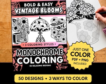 Vintage Blooms Monochrome Coloring Book, Bold Easy One Color Printable Pages PDF PNG (50 Designs)
