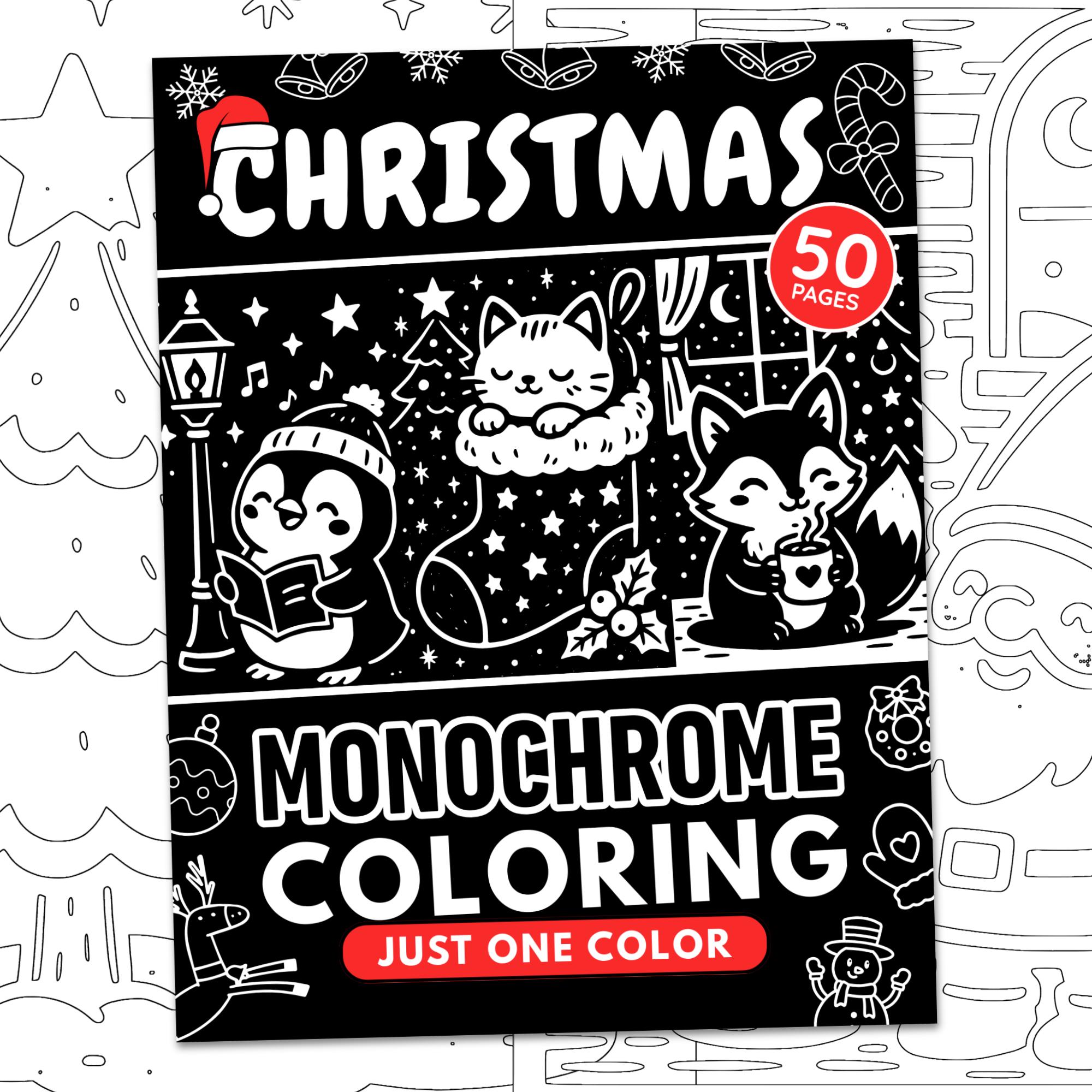 Christmas Monochrome Coloring Book, Cute Animals, One Color Printable for Kids & Adults (50 Designs)