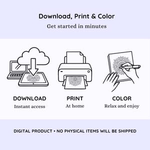 May include: An illustration showing the steps to download, print, and color a digital product. The steps include downloading from a laptop, printing at home, and coloring a mandala design. Text includes "Download, Print & Color" and "Digital Product - No Physical Items Will Be Shipped."