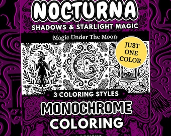 Nocturna Monochrome Coloring Book, Witchy Folk Art, Night Magic, Gothic, Stress Relief One Color PDF PNG (50 Designs)
