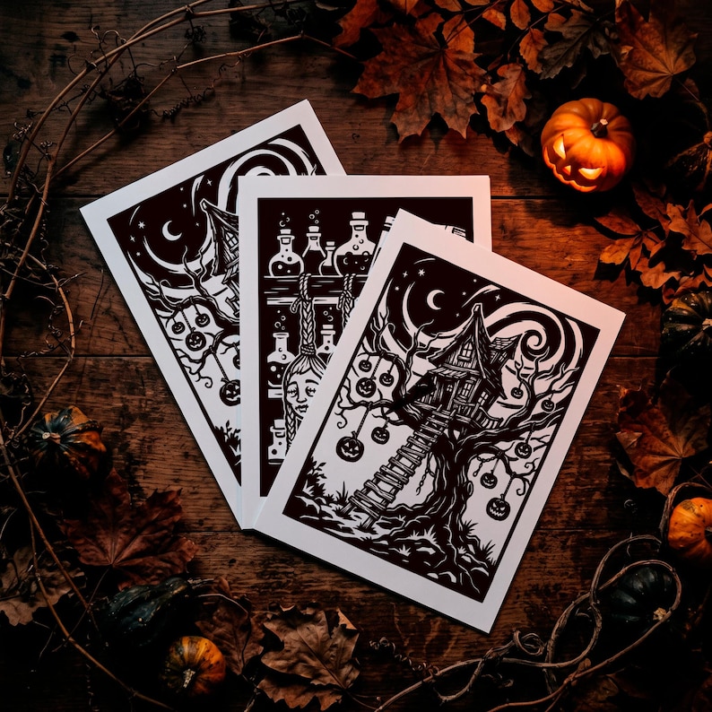 May include: Three rectangular art prints featuring high-contrast black and white illustrations. The designs depict a treehouse with hanging jack-o'-lanterns, a crescent moon, and shelves filled with glass potion bottles, all rendered in a bold graphic style.