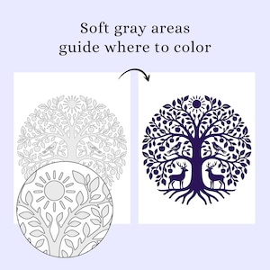 May include: A coloring page featuring a tree design with birds, deer, and apples. The image includes a close-up of the tree's details and the text "Soft gray areas guide where to color."