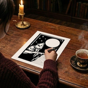 May include: A black and white art print featuring a wolf howling at a large full moon with stars in the night sky. The illustration is rendered in a bold graphic style with sharp lines and high contrast, depicting the wolf perched on a ledge.