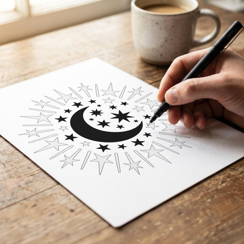 May include: A black and white celestial design featuring a crescent moon and stars, surrounded by starbursts, is being drawn on white paper with a black pen. A mug of coffee sits nearby on a wooden surface.