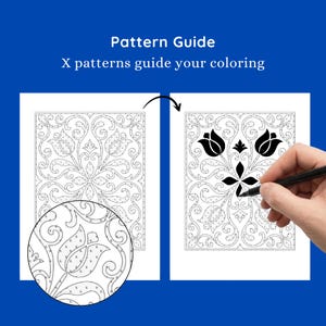 May include: A pattern guide with the text "Pattern Guide" and "X patterns guide your coloring" on a blue background. The guide shows a detailed floral design with a close-up view of a section. A hand is shown coloring the design with a black pen.