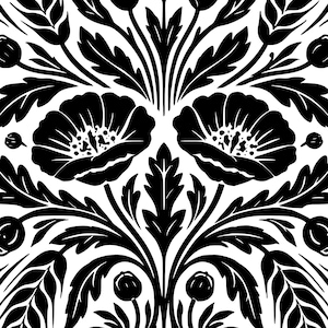 May include: A monochrome floral pattern featuring poppy flowers and leaves. The design is symmetrical, with the flowers and foliage arranged in a repeating motif. The image is a high-contrast, graphic illustration.