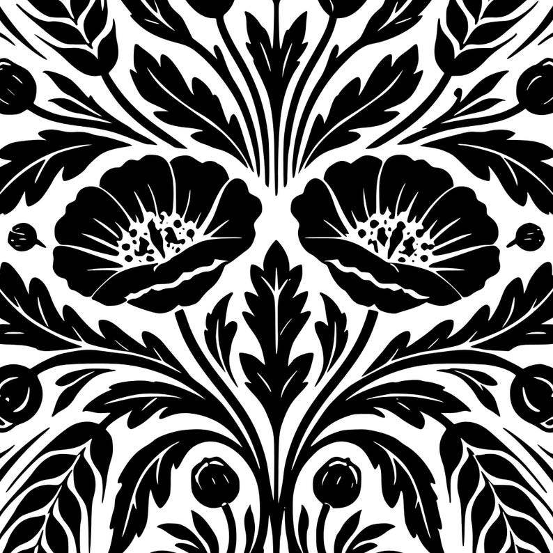 May include: A monochrome floral pattern featuring poppy flowers and leaves. The design is symmetrical, with the flowers and foliage arranged in a repeating motif. The image is a high-contrast, graphic illustration.