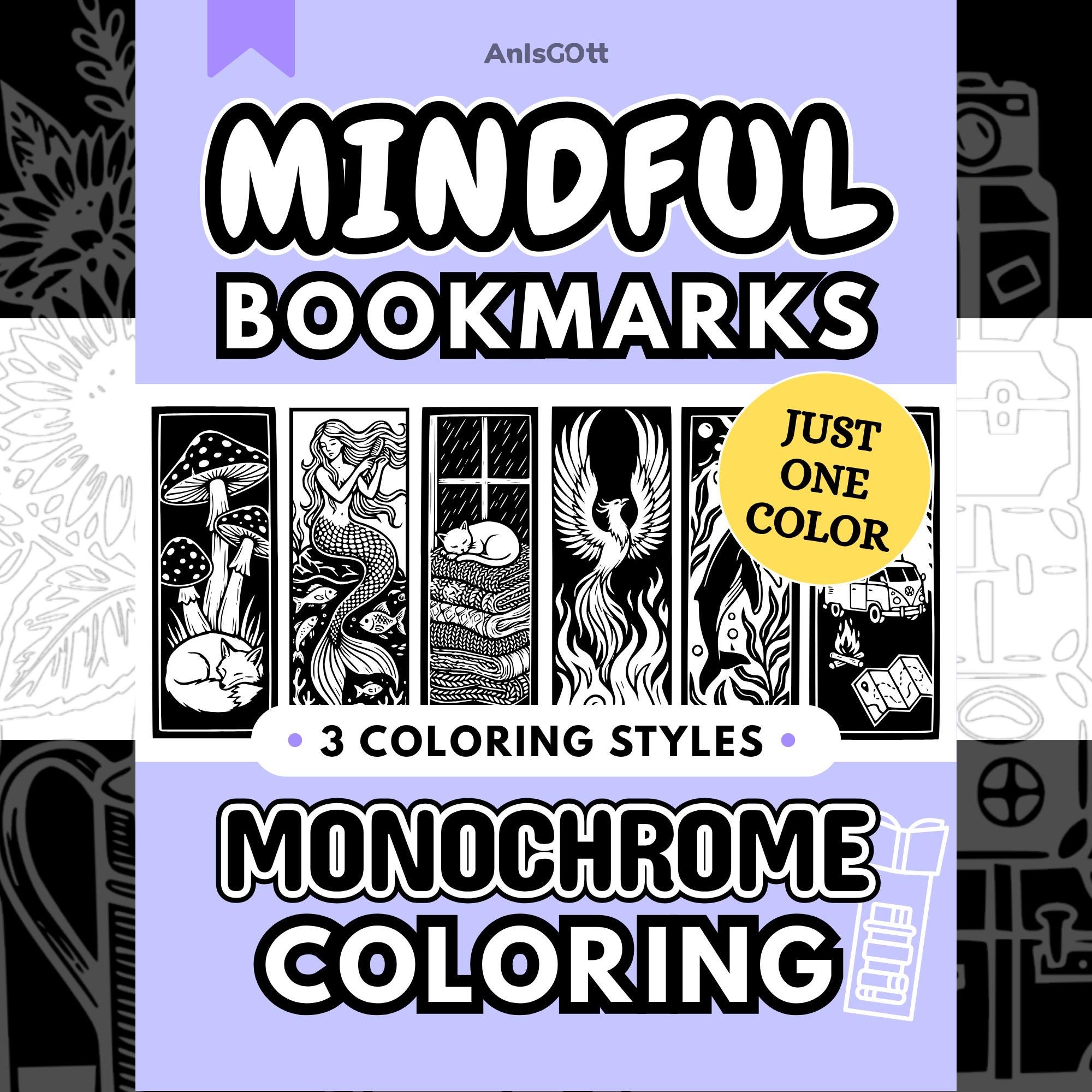 Mindful Monochrome Coloring Bookmarks, One Color Adult Stress Relief Pages Printable PDF PNG (40 Designs)