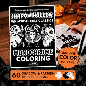 Może przedstawiać: Prostokątna okładka cyfrowej kolorowanki zatytułowana Shadow Hollow Whimsical Cult Classics. Czarno-biała okładka zawiera ilustracje mechanicznej kaczki, czarownicy i postaci z guzikami zamiast oczu. Zawiera tekst 60 Shadow & Pattern Guided Designs oraz Just One Color PDF + PNG.