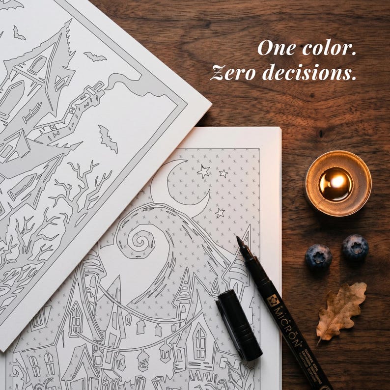 May include: Two white coloring pages featuring black line art of a haunted house and a swirling hill under a crescent moon. The text One color. Zero decisions. is printed above. A black Micron pen, a lit tea light candle, two blueberries, and a leaf.