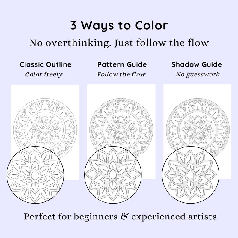 May include: An image with the text "3 Ways to Color" and "No overthinking. Just follow the flow." It shows three mandala designs with the text "Classic Outline," "Pattern Guide," and "Shadow Guide." The text "Perfect for beginners & experienced artists" is also present.