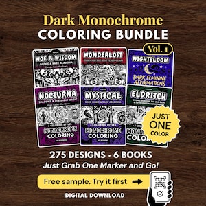 Dark Academia Monochrome Coloring Bundle, 275 Designs, Gothic Witchy, Just One Color, PDF PNG Printable image 1