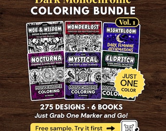 Dark Monochrome Coloring Bundle — 6 Books, 275 Designs, Just One Color, Gothic Witchy Dark Academia PDF PNG Printable