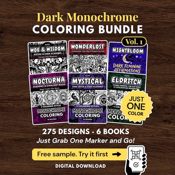 Dark Academia Monochrome Coloring Bundle, 275 Designs, Gothic Witchy, Just One Color, PDF PNG Printable