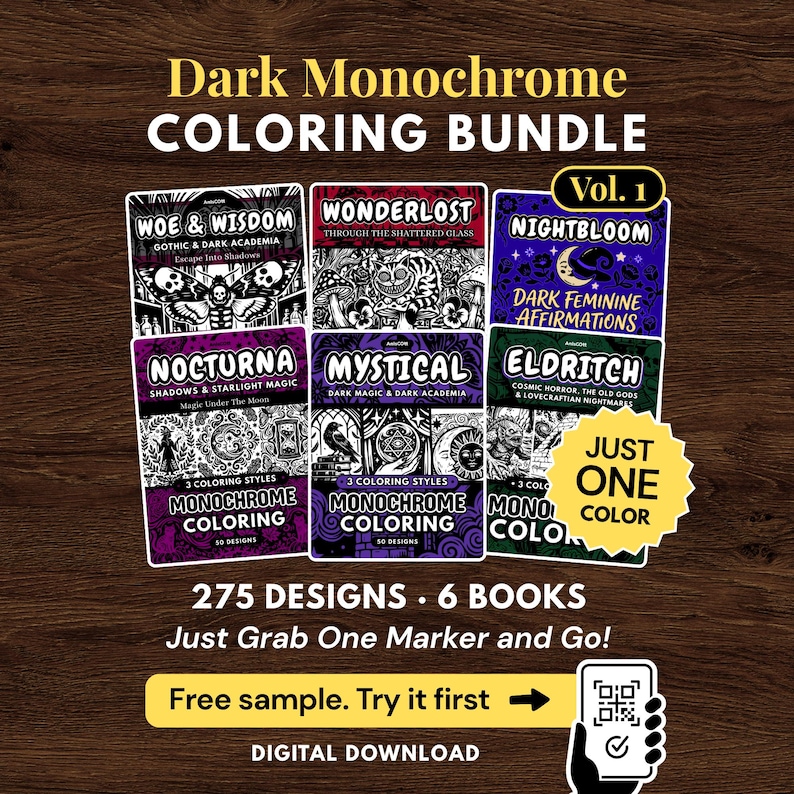 Dark Academia Monochrome Coloring Bundle, 275 Designs, Gothic Witchy, Just One Color, PDF PNG Printable image 1