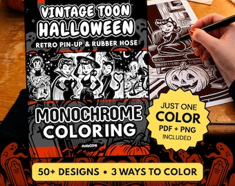 Vintage Toon Halloween Monochrome Coloring Book, Retro Pin-Up Coloring Pages, Rubber Hose Cartoon, One Color Printable PDF PNG (50 Designs)