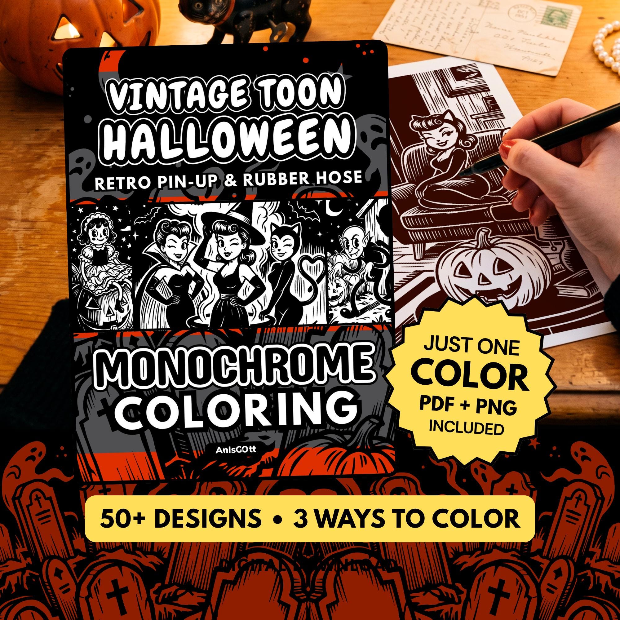 Vintage Toon Halloween Monochrome Coloring Book, Retro Pin-Up Coloring Pages, Rubber Hose Cartoon, One Color Printable PDF PNG (50 Designs)