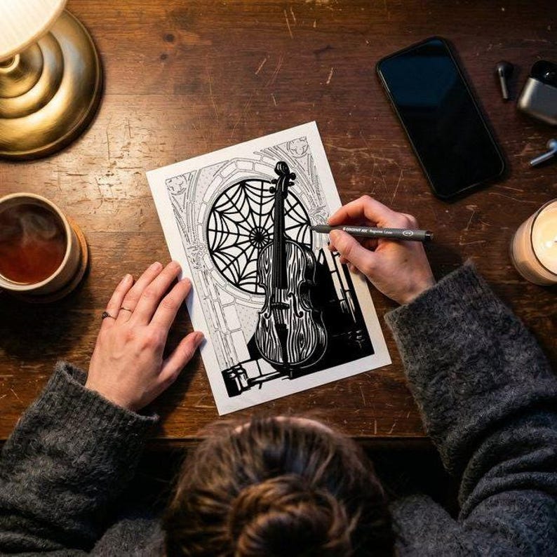 May include: A black and white ink illustration on paper featuring a violin positioned in front of a large circular spider web window. The artwork displays intricate line work and high-contrast shading, depicting the instrument and architectural details.