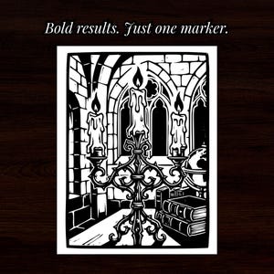 May include: A black and white linocut-style print featuring a three-armed candelabra with melting candles, set against a stone archway with books and a globe. The text at the top reads: Bold results. Just one marker.