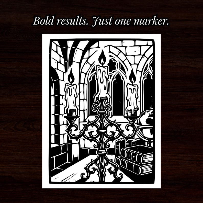 May include: A black and white linocut-style print featuring a three-armed candelabra with melting candles, set against a stone archway with books and a globe. The text at the top reads: Bold results. Just one marker.