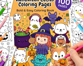 Halloween Cuties Coloring Book: 100 Kawaii Bold & Easy Coloring pages for Kids and Adults