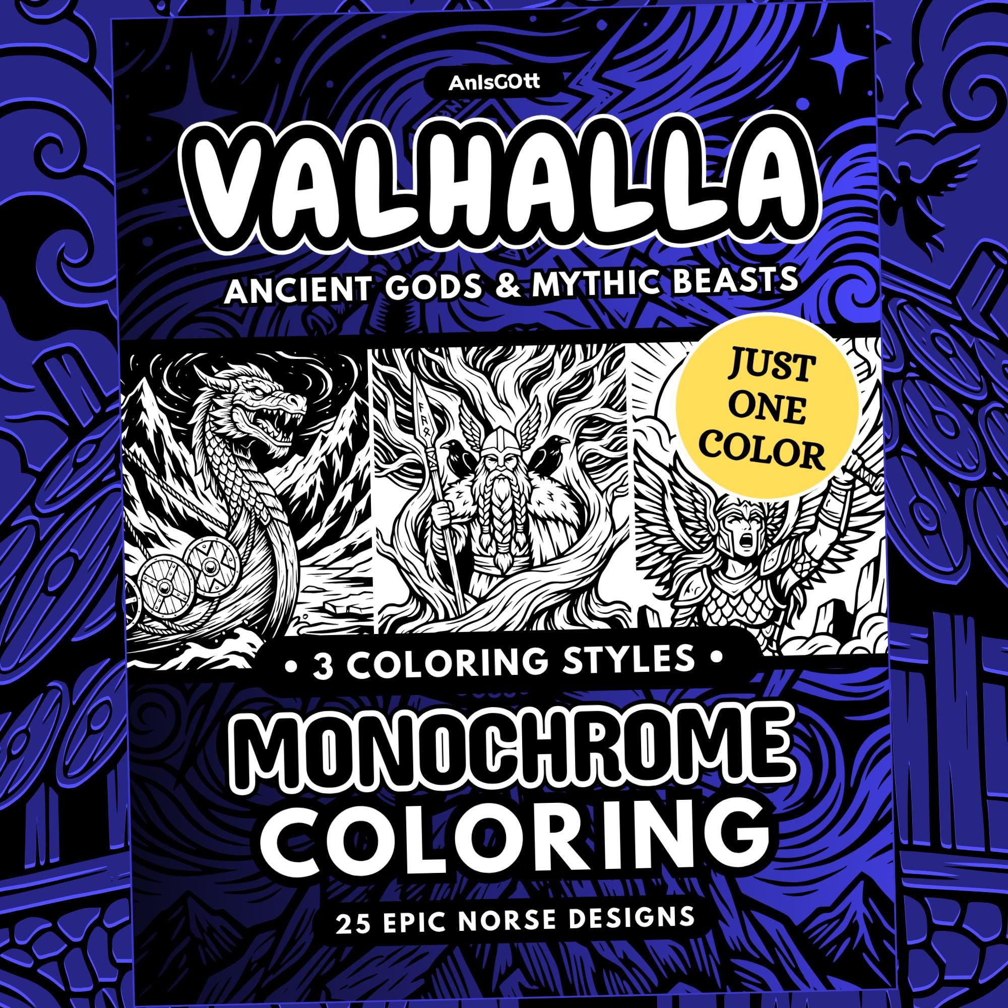 Norse Coloring Book, Valhalla Viking Gods & Mythic Beasts, Dark Fantasy, One Color Adult Stress Relief Pages Printable PDF PNG (25 Designs)