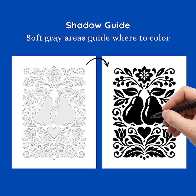 May include: A black and white illustration of two pears with floral and heart accents. The image includes the text "Shadow Guide" and "Soft gray areas guide where to color". A hand is shown coloring the illustration.