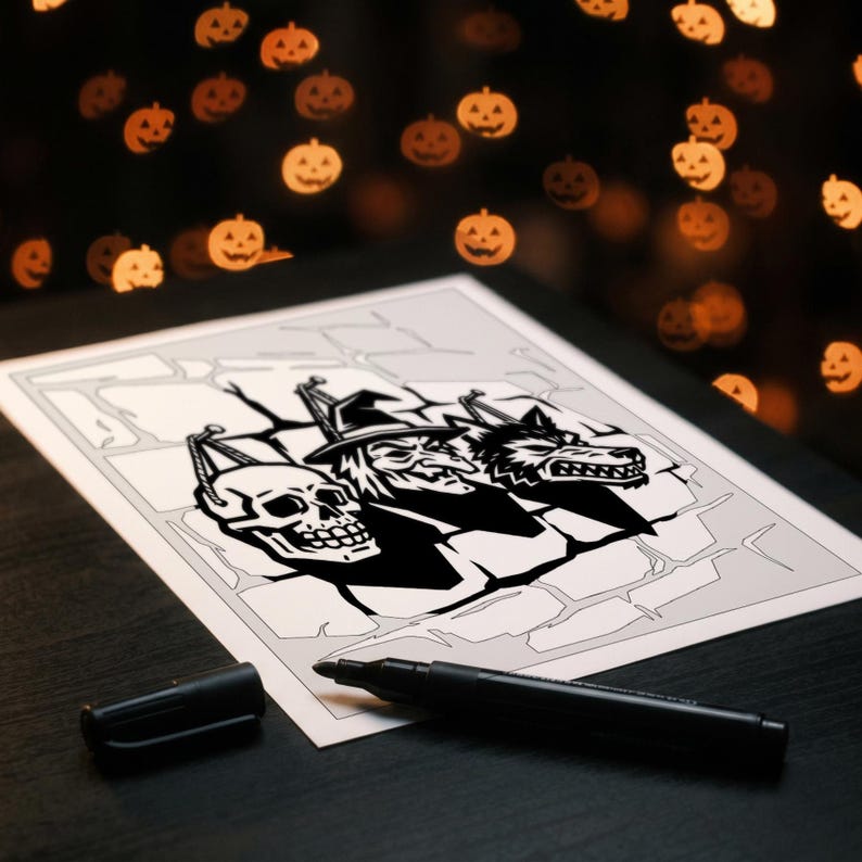 May include: A white rectangular sheet of paper featuring a black and white graphic illustration of a skull, a witch, and a wolf head, all positioned against a stone wall background. A black felt-tip marker lies horizontally on the surface.