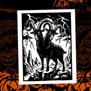 May include: A black and white graphic print featuring a two-headed goat standing on a rocky outcrop. The background displays jagged mountain peaks and lightning bolts. The illustration is rendered in a high-contrast, bold ink style.